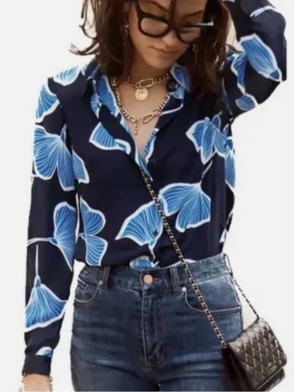 CAbi Navy Button-Down with Blue Floral Print
